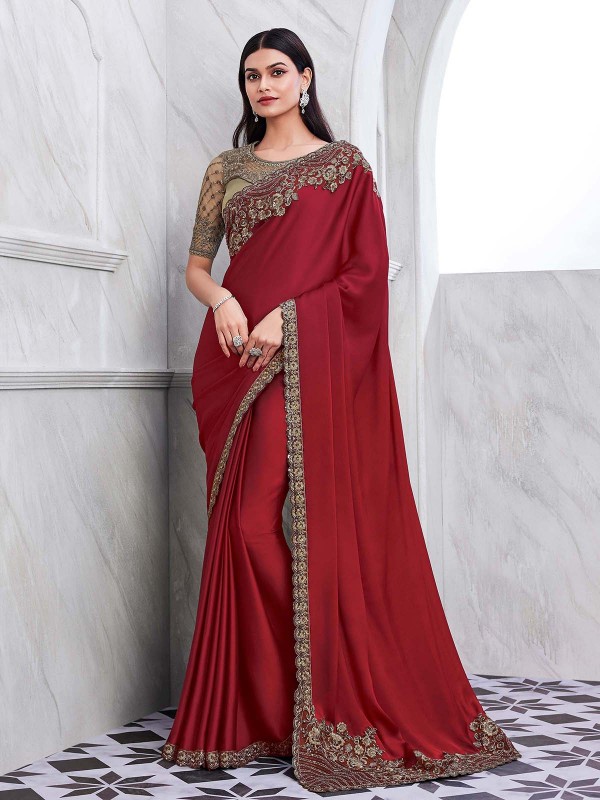 Dark Red Walnut Silk Saree